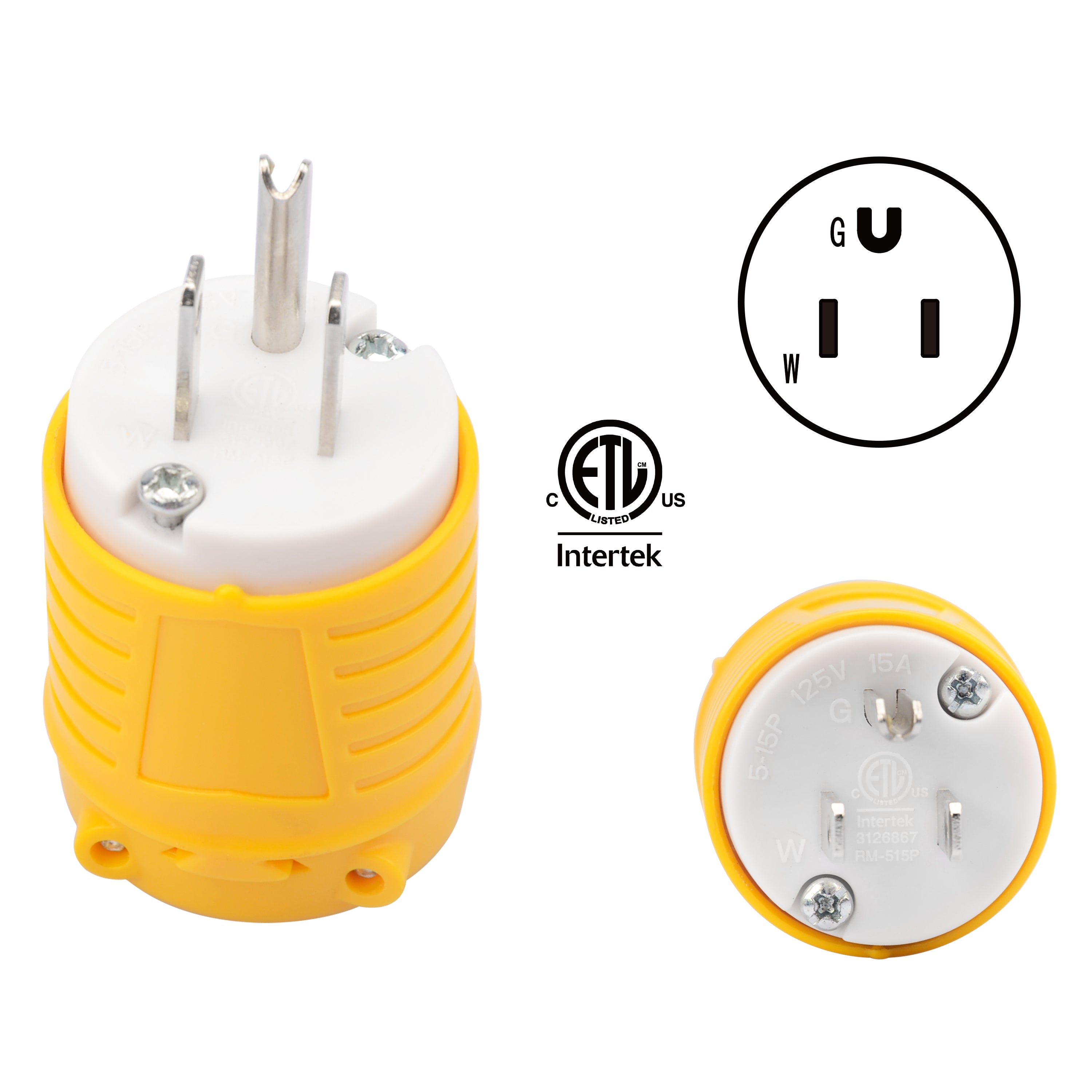 Electrineering™ 15-Amp, 125-Volt, NEMA 5-15P, 2P, 3W, Plug, Straight Blade, Grounding, Yellow 515PV