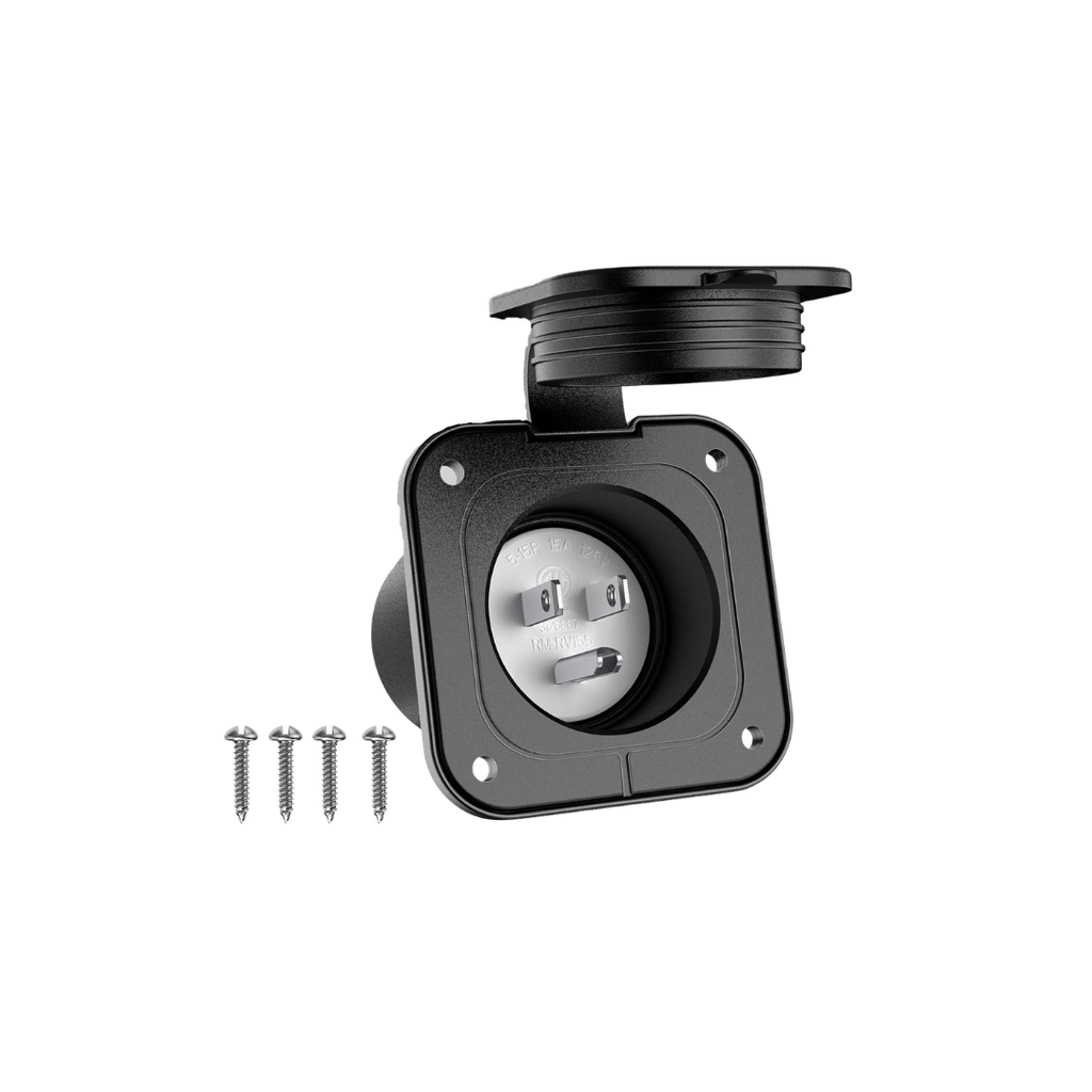 Electrineering™ 15 Amp, 125 Volt AC, NEMA 5-15P, 2P, 3W, Straight Blade Inlet, Heavy Duty, Grounding, Waterproof Cover, Black ETG-RM-RV155B
