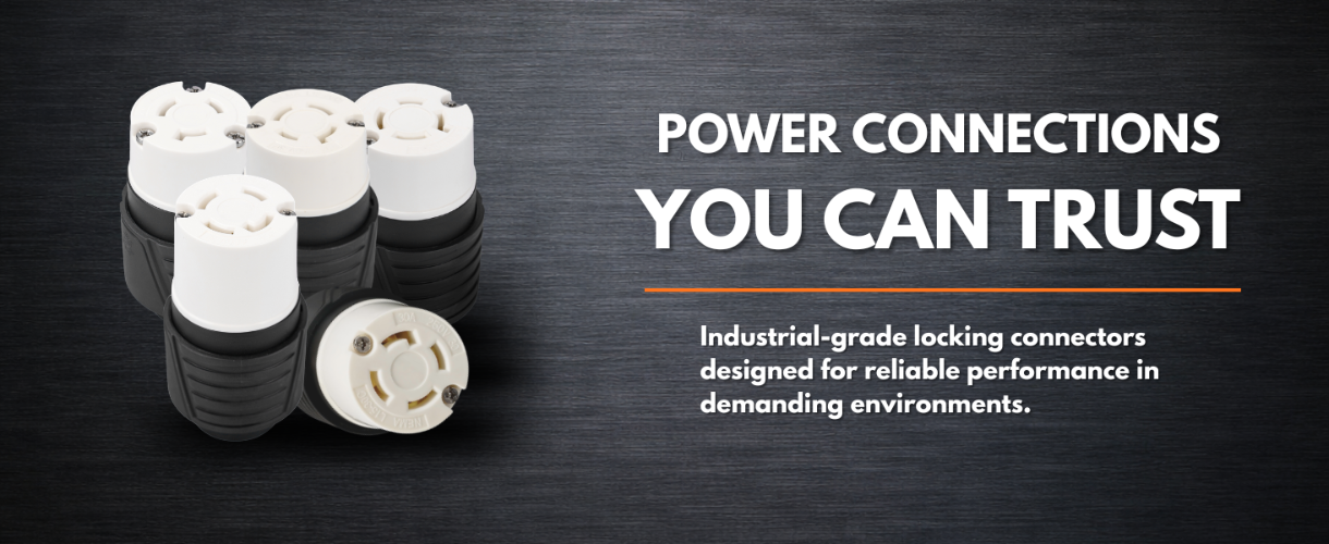 Stack of industrial-grade locking connectors with text on a dark background